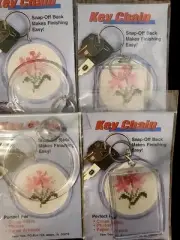 4 Cross Stitch Picture Keychain Round Rectangular Snap On Back Yarn Tree Crafts