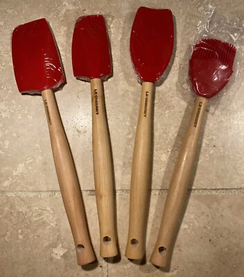 Set of 4 LE CREUSET Cerise Craft Silicone Spatulas NWT Removable Wooden Handle