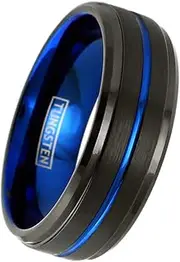 [King's Cross] Dashing 8mm Brushed Finish Black Tungsten Wedding Band w/Thin Blue Line Stripe & Stepped Edges.