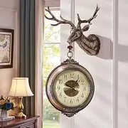 Large Outdoor Garden Double Sided Deer Head Wall Clock, 360° Rotation Retro Metal Silent Station Clock, Battery Operated Decorative Antique Double Sided Wall Clock,White dial