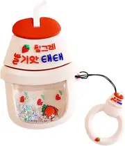 ICI-Rencontrer Creative 3D Quickstand Moving Bling Glitter Strawberry Yogurt Bottle Design Airpods Case Cute Fresh Fruit Drinks Soft Silicone Protecti