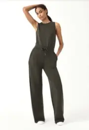 Spanx AirEssentials Jumpsuit Wide Leg in Dark Palm Green Aireluxe Knit Romper M