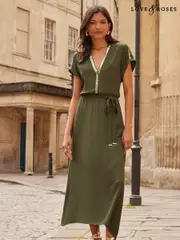 Love & Roses Khaki Green Sequin Trim Hanky Hem Short Sleeve Midi Dress (K99515) | $138