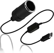 USB C Male to 12 V Car Cigarette Lighter Socket Adapter with LED Display and Switch, Adjustable Voltage 5 V 9 V 12 V 15 V 20 V, USB C Cigarette Lighter Adapter for GPS, Dash Cam, Charger, 30 cm