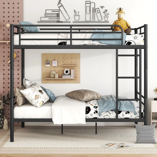 Full Over Full Metal Bunk Bed Frame with Ladder Guardrails Teens Adults Bedroom