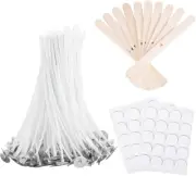 Bulk 4Inch Candle Wicks 100 Pcs with 60Pcs Candle Wick Stickers and 10 Pcs Woode