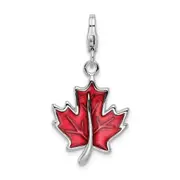 Sterling Silver Amore La Vita Rhodium-Plated Polished 3-D Enameled Maple Leaf Charm With Fancy Lobster Clasp