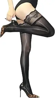 [HTRUIYA] Women's Glossy Thigh High Stockings Shiny Hold Ups Stockings 8 Denier Sexy Lace Top Stay Up Nylon Sheer Stockings