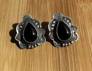 Beautiful Navajo Onyx Teardrop Post Earrings with Stamped Sterling Silver