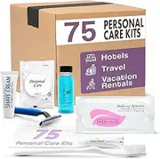 Personal Care Travel Toiletries | 1-Shoppe Amenities Kit | Travel Shaving Set, Toothbrush & Paste, Mouthwash, Makeup Wipes, Swabs, Nail File & Sewing Kit | 75 Pieces