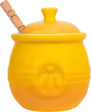 ✨ Yellow Stoneware Honey Pot with Lid & Wood Honey Dipper