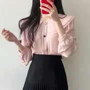 Long-Sleeve Plain Heart Button Blouse / High Waist Accordion Pleated Mini A-Line Skirt Skirt - Black - M