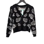 Love Ellie Eddinson Fuzzy Cardigan Women S Black White Floral Cozy Knit Boho NEW