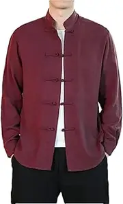 [Fulbant] Men'S Chinese Traditional Tang Suit Hanfu Kimono Shirt Solid Color Cardigan Cheongsam Collar Casual Jacket