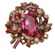 Pink Crystal Cluster Brooch with Faceted Oval Glass Center Green & Gold Accents