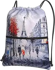 Paris City Tree Eiffel Tower Art Print Drawstring Backpack Gym Bags Sports Bags With Zipper Pocket For Travel Beach, Black, One Size