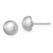 Sterling Silver Rh-Plated 8-9mm Grey Fw Cultured Button Pearl Stud Earrings
