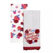 Celebrate Valentine's Day Floral Set of 2 Kitchen Towels w/ Pom Pom Fringe Trim