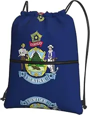 EdWal Maine State Flag Print Drawstring Backpack Gym Bags Sports Bags With Zipper Pocket For Travel Beach, Black, One Size