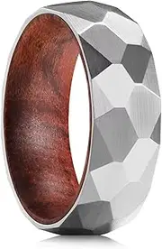 [King Will] 8mm Silver/Black Hammered Titanium Ring Inlaid Wood Inner Hole Wedding Band for Men Matte Brushed Comfort Fit