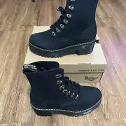 DR MARTENS Leona black leather heeled lace up combat boots booties shoes sz7 new