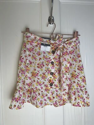 New Topshop Ditsy Floral Tie Button Up Cream Pink Yellow Mini Skirt Size UK 8