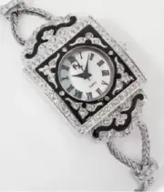 Black Enamel meshcord Crystal Bangle Ladies Mother of Pearl Watch - Franz Xavier