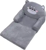 Children 2 in 1 Flip Open Compressed Sofa, Cute Gray Dog Wide Convertible Sofa to Lounger, Soft Kids Fold Out Sleeper for Bedroom Toddler Bed Girl Boy (2 Tiers)