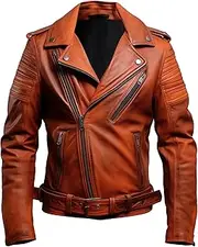 [Sumairah] Mens Motorcycle Coat Double Rider Zipper Multi Pockets Stand Collar Lapel Bikers Genuine Leather Jackets