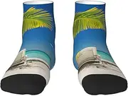 [JEJEA] Beach Palm Tree Chairs Boats print Men's Athletic Cushioned Crew Socks Crew Training Athletic Socks Men and Women for Sports