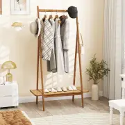 CostwayBamboo Clothes Rack with Hanging Rod Rattan Shelf and 5 Copper Hooks-Coffee