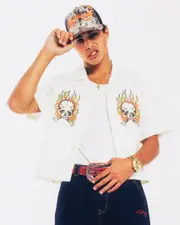 [ED HARDY] Ed Hardy Flaming Skull Button Up Shirt Off White - Size M M Off White