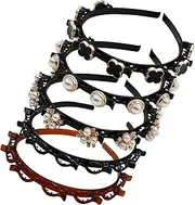 RETON 5Pcs Double Bangs Hairstyle Hairpin, Double Layer Twist Plait with Rhinestone, Korean Braided Headbands with Clips Woven Flower, Hair Accessories for Women Girls (Black, Brown)