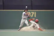 NL Playoffs Los Angeles Dodgers Davey Lopes in action turning doub- Old Photo