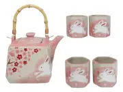 Pink Sakura Cherry Blossoms With Rabbit Hexagonal Teapot With 4 Tea Cups Set