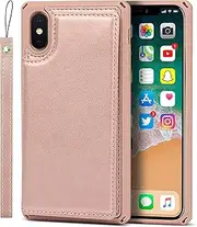Cavor PU Leather Wallet for iPhone X, iPhone Xs Case Flip Magnetic Clasp Back Cover Shockproof Soft TPU Phone Cases with Lanyard & Card Slots Holder & Kickstand Protective Case-Rose