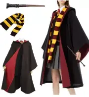Adult Cosplay Wizard Witch Hooded Cloak Cape W/Scarf & Wand, Black, XXL
