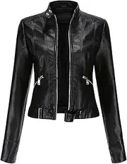 [Valtorixia] Women's Leather Jackets Faux Motorcycle Fashion Lightweight Zipper Outwear Faux Long Sleeve Short Coat