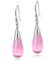 Pink 925 Sterling Silver Opal Moonstone Teardrop Water Drop Dangle Pierced Earrings