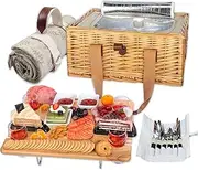 Hap Tim Wicker Picnic Basket for 4 with Mini Folding Wine Picnic Table & Large Insulated Cooler Bag & Cutlery Service Kits for 4 Person, Couples Gifts, Wedding Gifts (Y2307-4-CM)