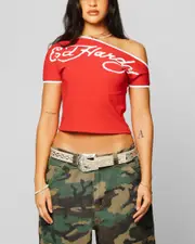 [ED HARDY] Ed Hardy Women's Aline Baby T-shirt Red/white - Size XS XS Red/White
