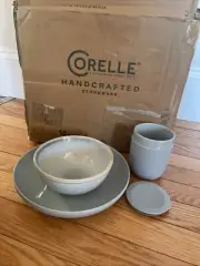 Corelle Stoneware 16-Pc Dinnerware Set Blue Plates, Bowls, Cups W/silicone Lid