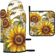 3 pcs Oven Mitts and Pot Holders Set 500°F Heat Resistant Oven Gloves and Hot Pads Kitchen Mittens Bees Sunflowers Daisy Rose Flowers Cooking Gloves Potholders for Baking Grilling