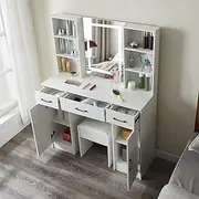 Vanity Desk with Mirror and Lights,Large Vanity Table and Stool with Drawers, LED Mirror Stepless Dimmable & 3 Color Modes Adjustable, White Dressing Table (109 CM)