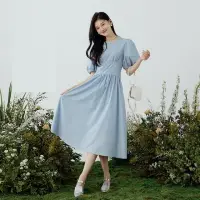 在飛比找momo購物網優惠-【創翊韓都】韓國空運連身裙 收腰泡泡五分袖洋裝NFD0342
