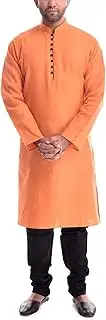 [Varmohey] Mens Cotton Blend Orange Loop Button Kurta Churidar, Orange, Size - 38-44