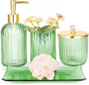 4-PC Glass Bathroom Accessories Set - Soap Dispenser Toothbrush Tray and Jar