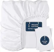 LANE LINEN 100% Organic Cotton Fitted Sheet Queen, 15" Deep Pocket Snug Fit Fully Elasticized Naturally Temperature Regulating Soft & Comfy Deep Pocket Queen Fitted Sheet -White (+Pillowcases)
