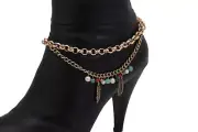 Women Gold Metal Chain Western Boot Bracelet Shoe Bohemian Indian Feather Charm