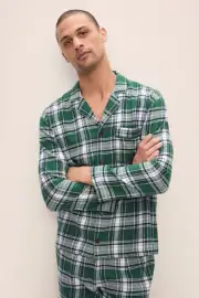 Eberjey Men's Flannel Long Sleeve PJ Set 100% Cotton Pajama Size M Green Plaid